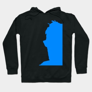 Half a guy facing left silhouetted blue. Hoodie